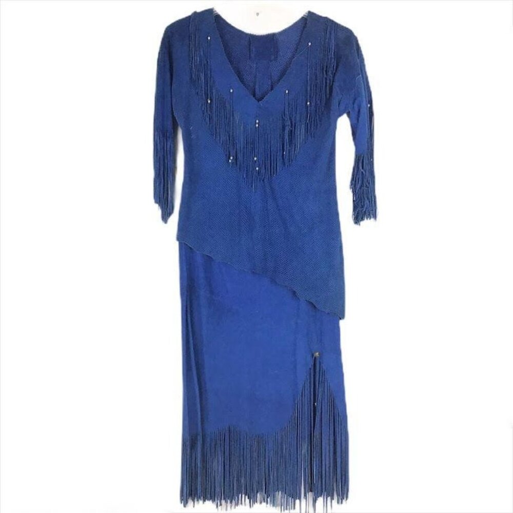 Vintage Ren Ellis Suede Leather Shirt Skirt Set M Blue Fringe Southwestern Show